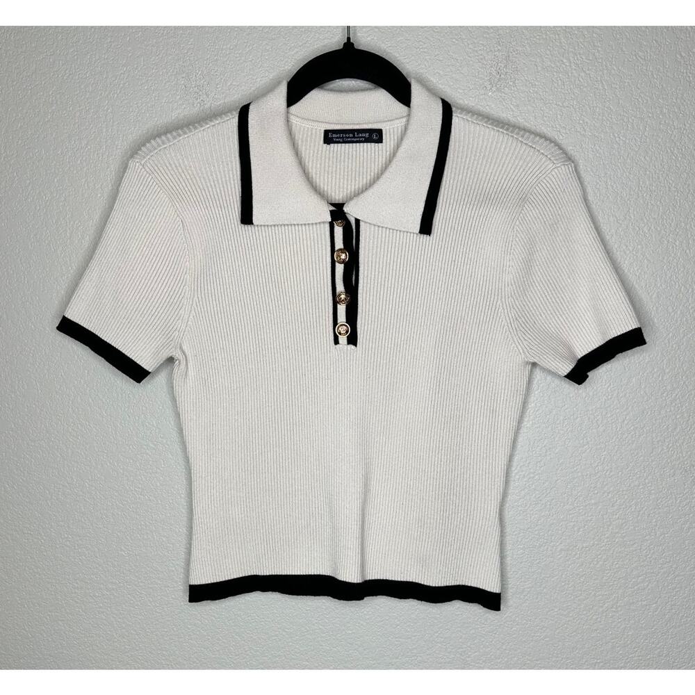 Emerson Lang Ribbed Blouse Cream Black Trim Gold Button Collared Preppy Size L